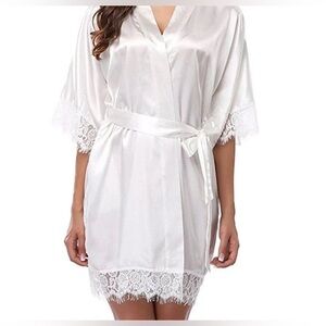 Elegant White Lace Trim Satin Robe